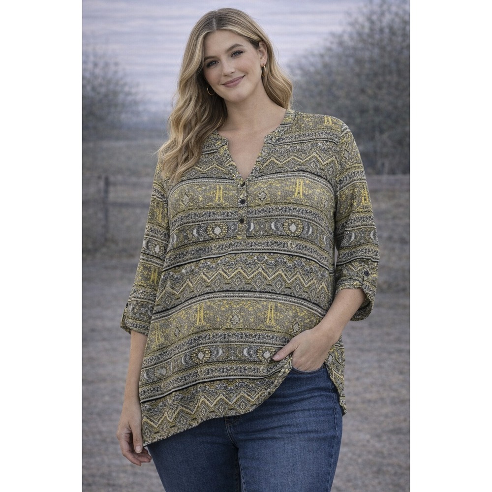 CATHERINES Boho Geometric Tunic Top Button Front Plus Size‎ 3X NWT